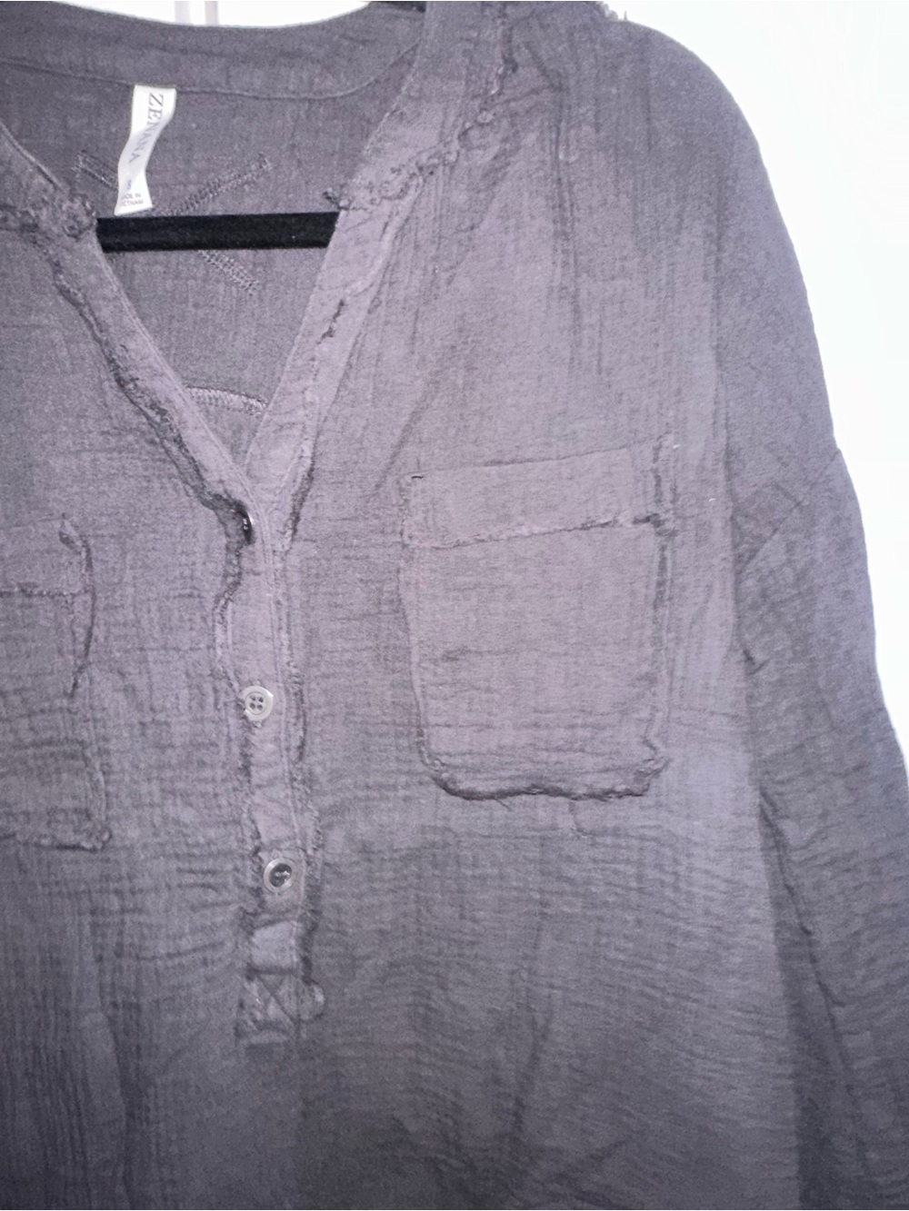 Zenana Size Small Washed Charcoal Long-Sleeve Henley Top - Picture 6 of 10